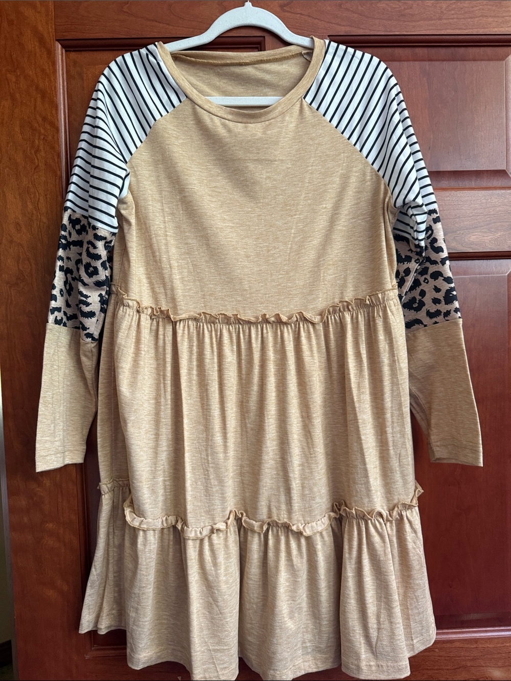 Women’s Tan Tiered Dress with Striped & Leopard Sleeve Accents